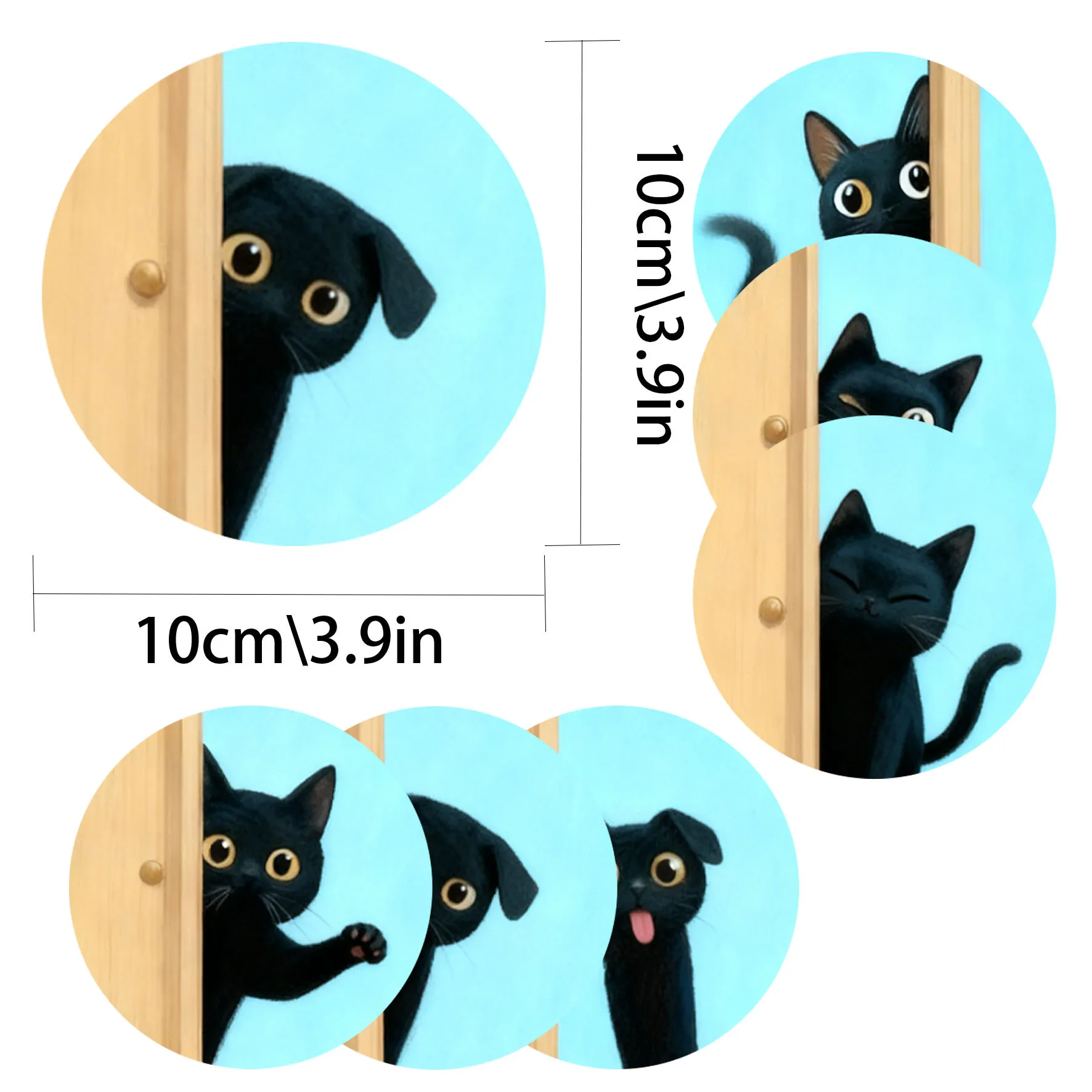 6-piece set - Cat themed wooden coaster set, round, durable composite wooden coaster for desktop protection