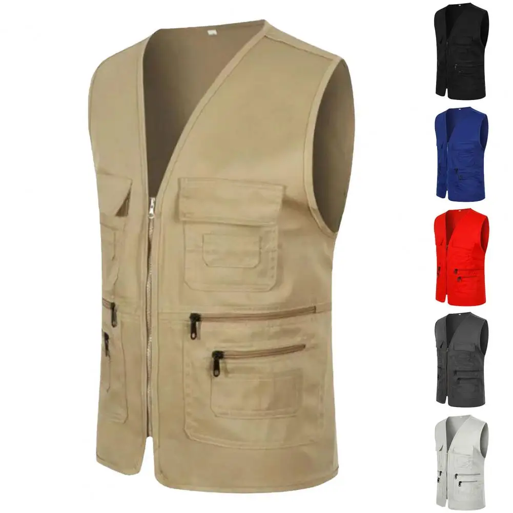 Men Vest JacketMultiple Pockets Zipper Sleeveless Fishing Waistcoat Camping Work Clothes V Neck Outdoor Waistcoat Volunteer Vest