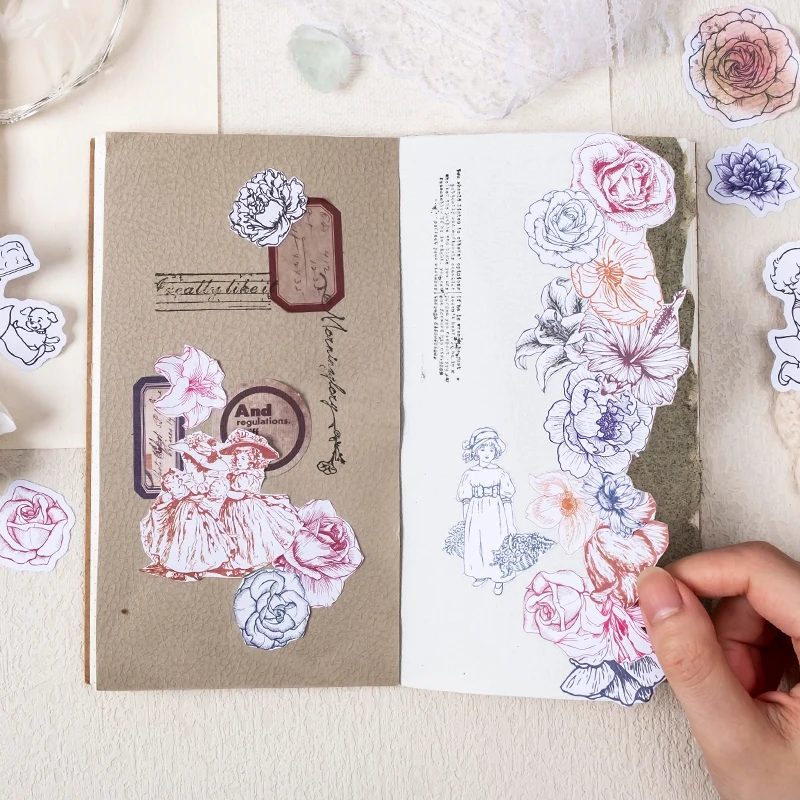 Yoofun 45pcs/pack Vintage Flowers Stickers Journal Scrapbooking Decor Cute Little Girl Sticker Diary Frame Stationery