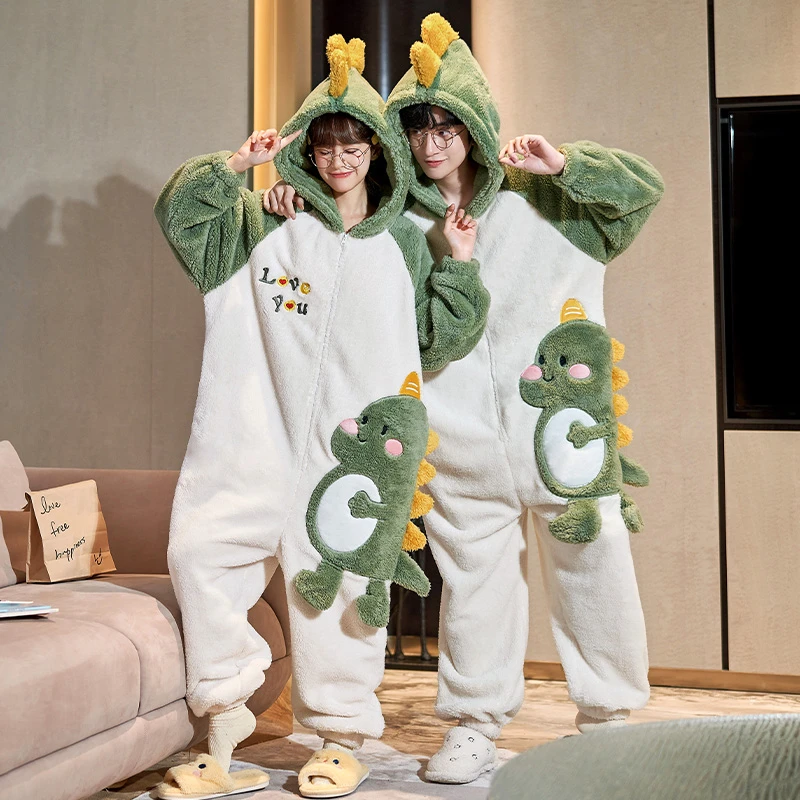 Winter Kigurumis Dinosaur Onesie Sleepwear Women Men Pajama Coral Fleece Plush Couples Pajama Thicken Jumpsuits Cute KawaiI