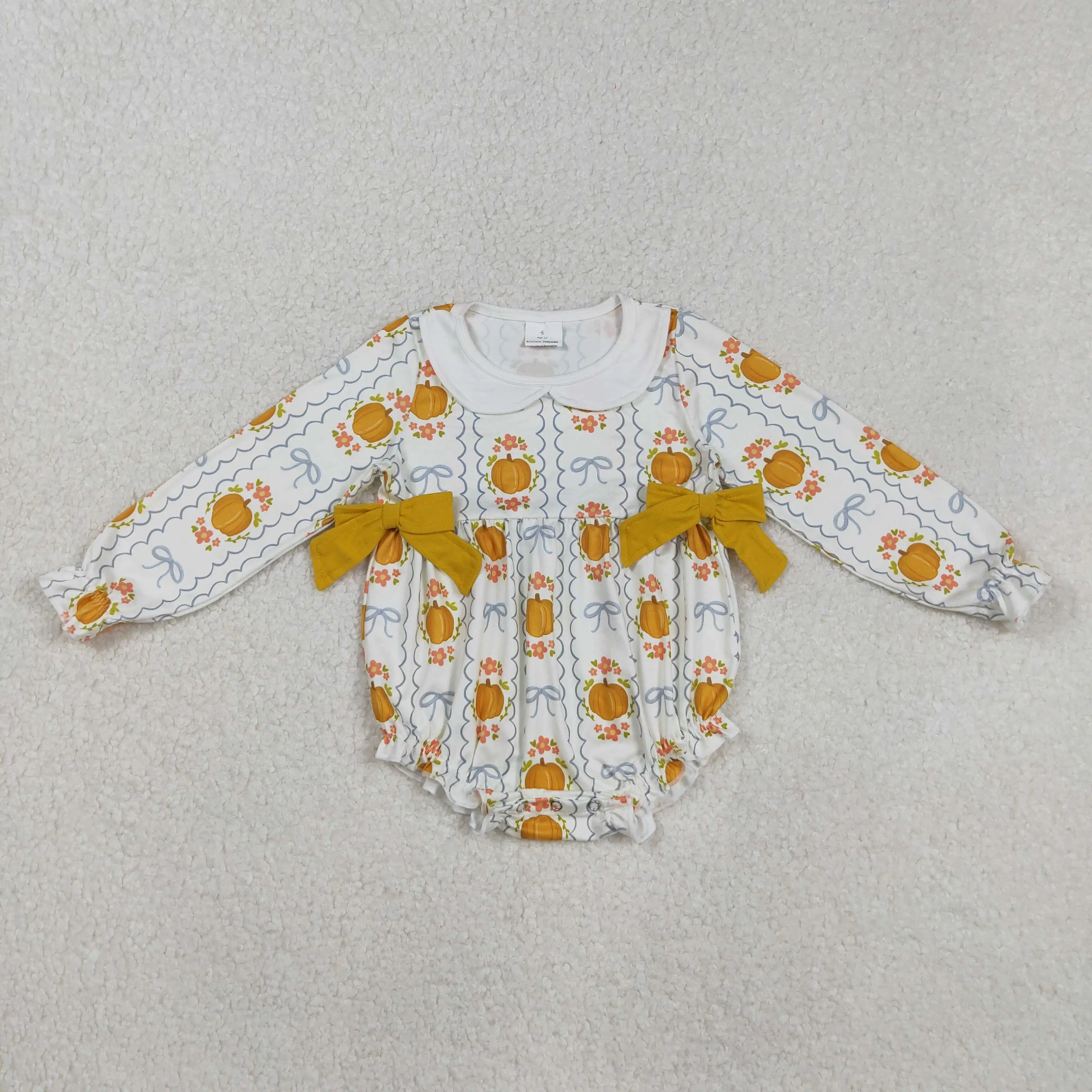 

8.28y Bamboo hot selling baby girls romper wholesale bow pattern white zipper long sleeve onesie