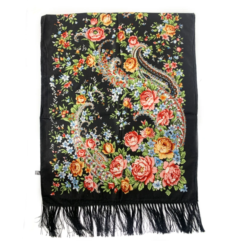 70*200cm Russian National Square Scarf Women Luxury Floral Print Bandana Scarves Ukrainian Fringed Shawl Babushka Head Wraps