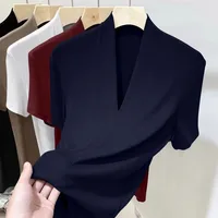 Threaded New Short Sleeved Top for Women Summer Fashion Versatile Base Shirt Plus Size Slim Fit V-neck T-shirt Casual and Sexy 5