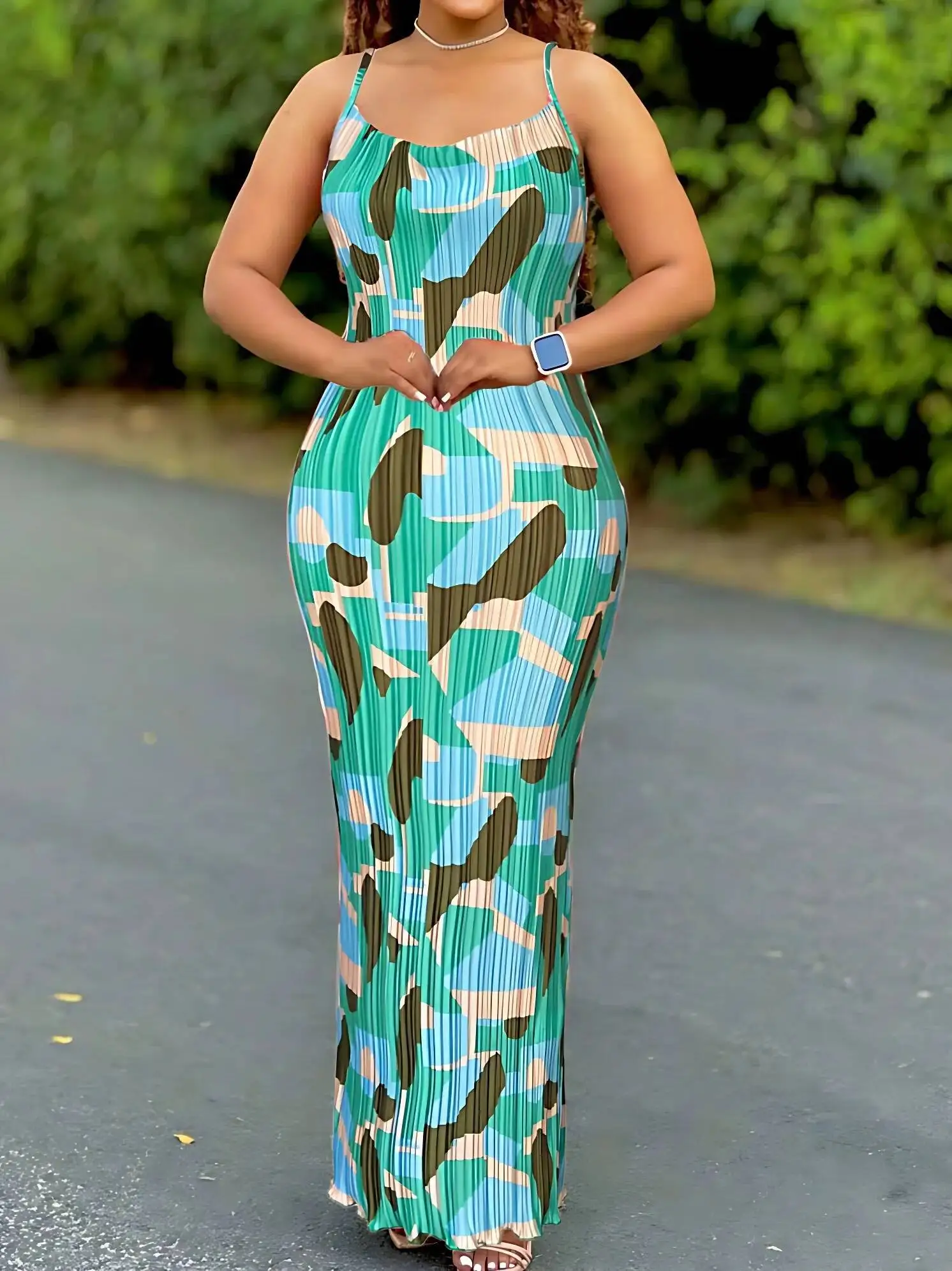 Sukienka damska z plisami i nadrukiem tie-dye, letnia sukienka bodycon na ramiączkach spaghetti, sukienki codzienne wyszczuplające, odzież damska