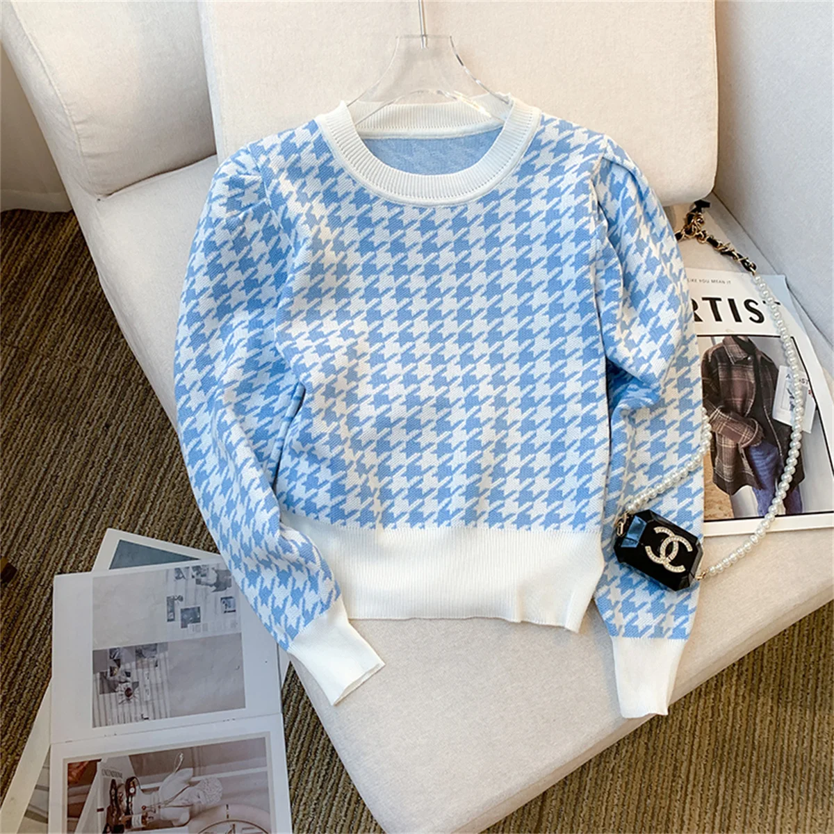 

Весенне-осенний жаккардовый вязаный свитер с узором «гусиные лапки» для женщин, клетчатый трикотаж с круглым вырезом, пуловер, джемперы, топы