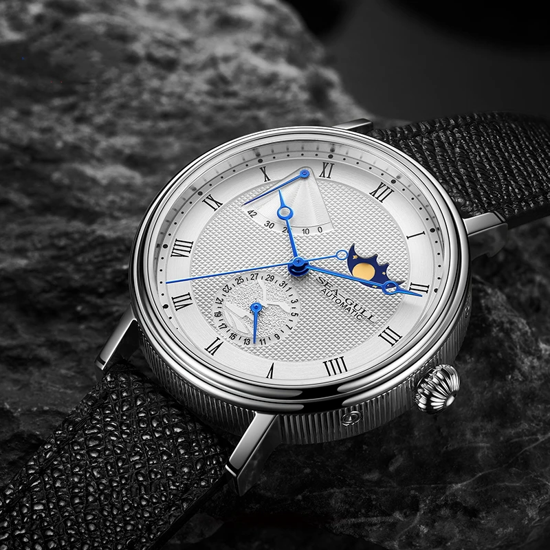 Seagull Men's Business Wristwatch Moon Phase Leather Luxury Automatic ST21 5Bar Men's Watches power reserve indicator reloj 6092