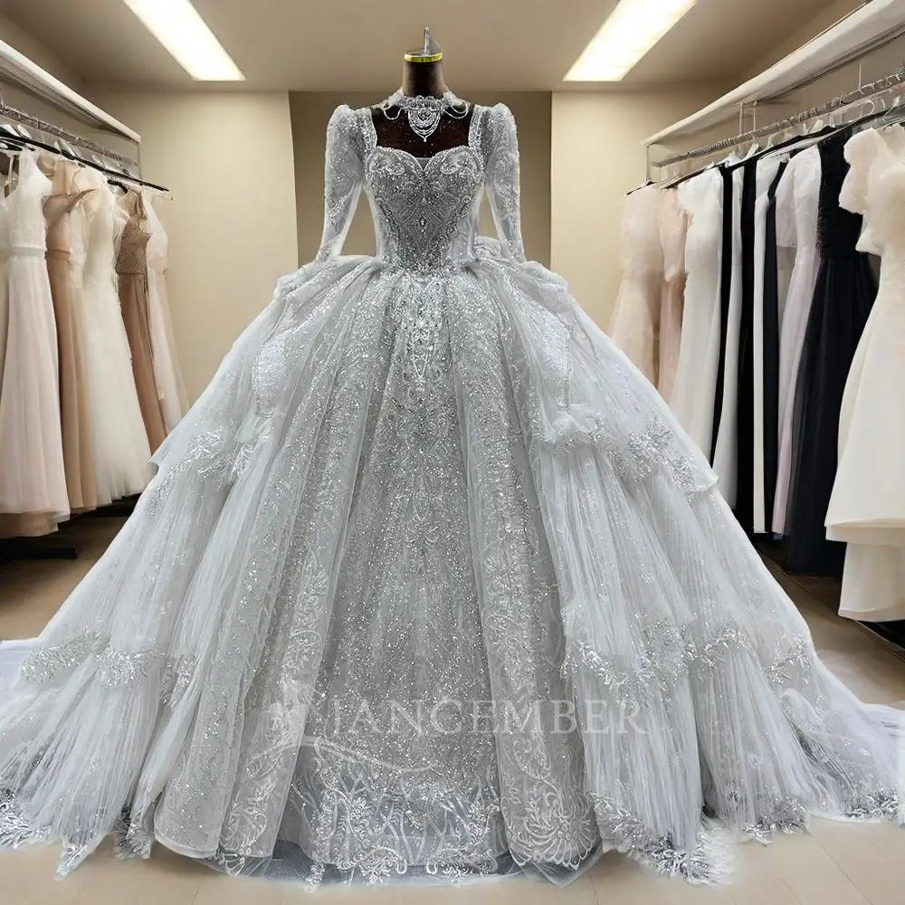Luxurious Long Sleeved Wedding Dress with Exquisite Lace and Sparkling Design 2025 Romantic Long Train Bridal Dresses Customized