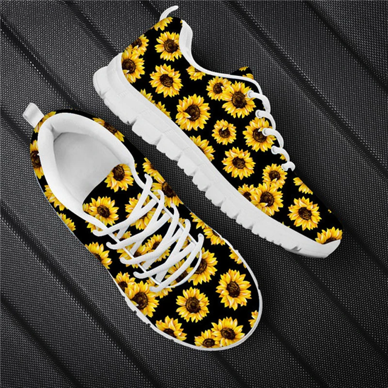 Sport Jogging Running Shoes For Women 2025 Walk Casual Shoes Sunflower Print Air Mesh Lightweight Ladies Sneakers Woman Flats