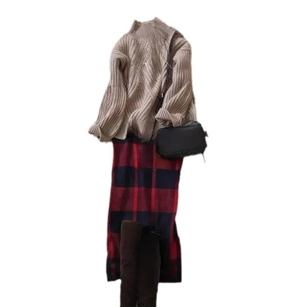 2025 ฤดูใบไม้ร่วง/ฤดูหนาวใหม่ครึ่งคอสูงถักเสื้อกันหนาว + เอวยางยืด Checkered กระโปรงชุด 2 ชิ้น