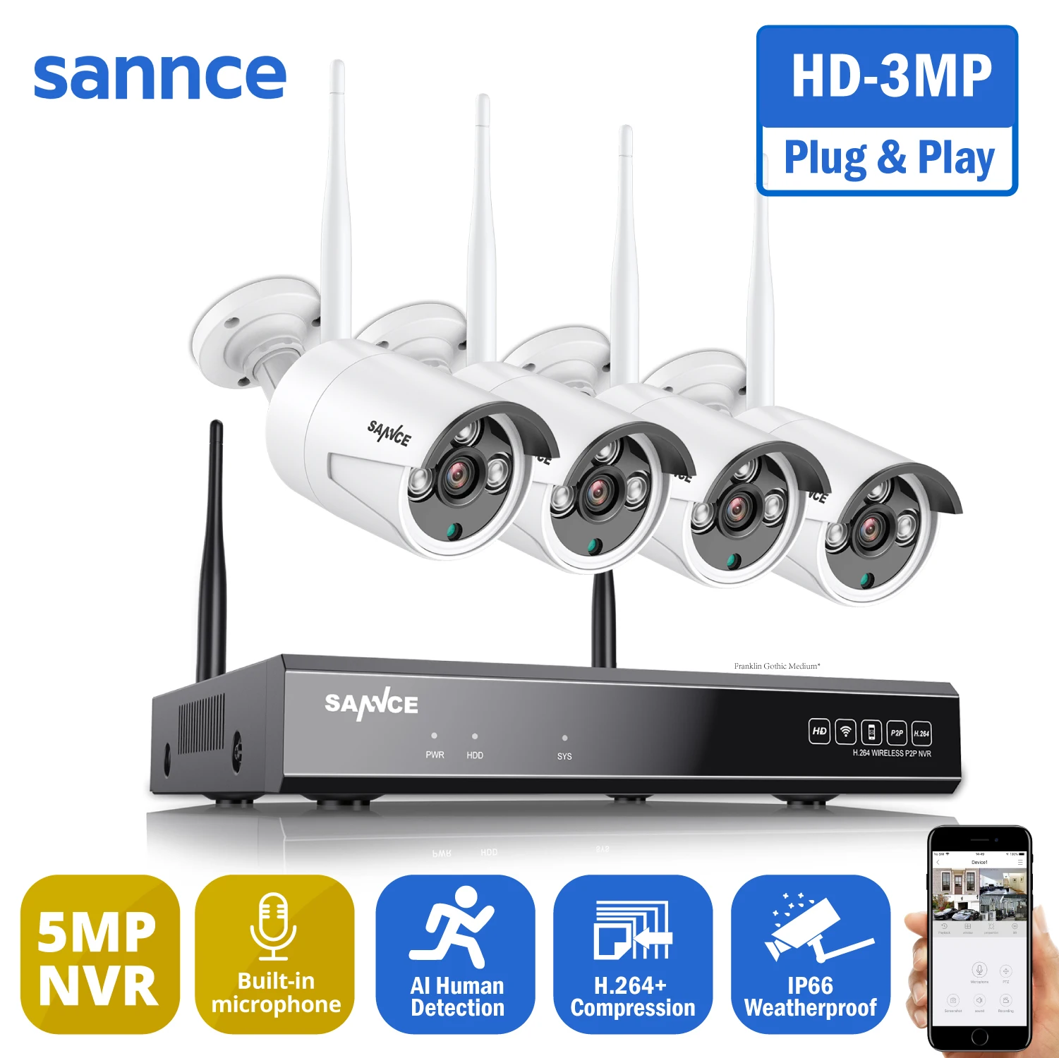 SANNCE 8CH 3MP Wireless Surveillance Kit NVR 3MP Wifi IP66 Weatherproof Cameras Night Vision H.264+ CCTV Security Camera System