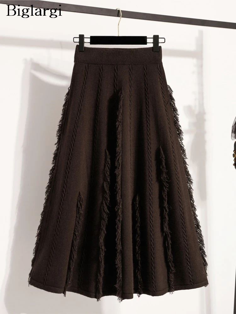 

Oversized Knitted Autumn Skirt Women Fringe Patchwork Fashion Ruffle Pleated Ladies Skirts Loose Elastic High Waist Woman Skirt