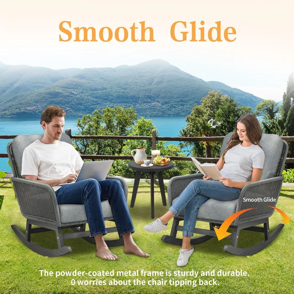 All-Weather PE Wicker 3-Piece Outdoor Rocking Chair Set with Side Table - Modern Rattan Patio Furniture for Small Spaces