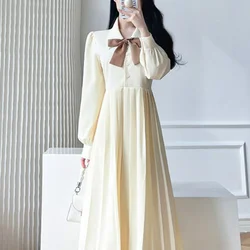 French Couture Simple Original Shirt Dress Women's Autumn Polo Collar Bow Gentle Buttons Elegant Waist Folds Long Sleeve Dresses