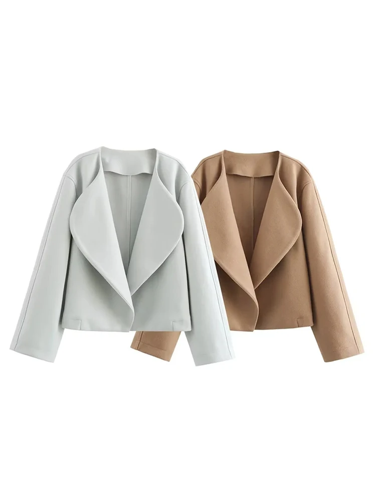 Two-Color Buttonless Woolen Jacket for Ladies, Fashionable Lapel Jacket, Casual and Fashionable, Autumn 2024