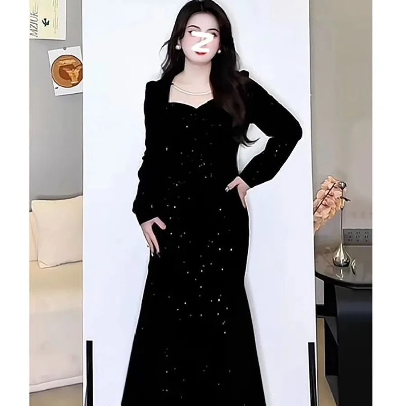 Spring and Autumn High-end French Slim Autumn and Winter Design Princess Long Hepburn Style Waist Dress with Sparkling Silver