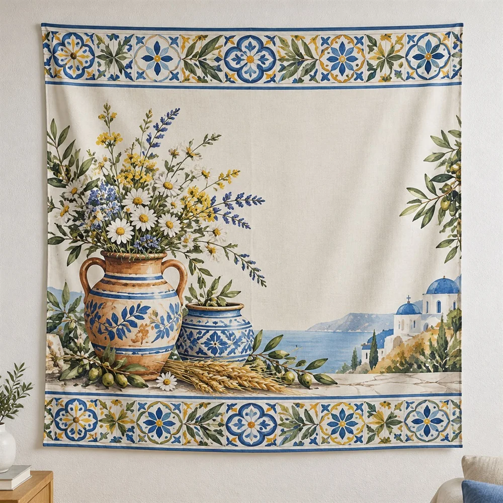 VIKAMA Terracotta Vase Flowers Twin Bands Tapestry Wall Hanging, Mediterranean Wall Decor Tapestries for Living Room Bedroom
