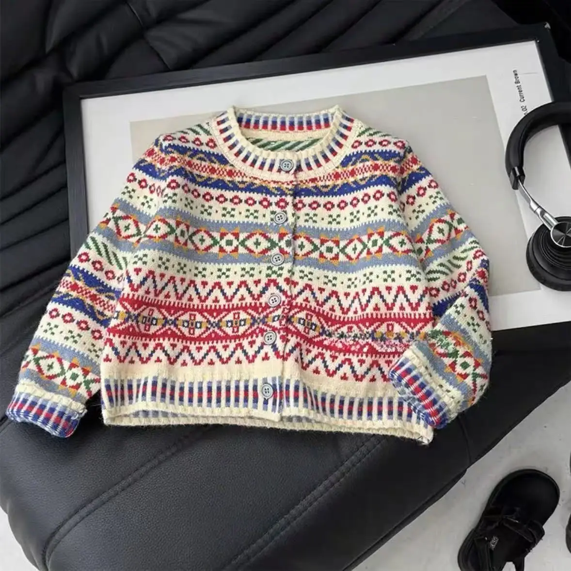 Girls Fashion Knitted Cardigan Autumn Winter New Kids Ethnic Color Block Pattern Sweater Coat Stylish Children Clothing