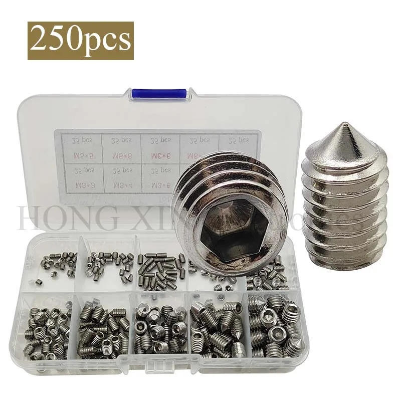 250pcs Allen Head Socket Hex Set Grub Screw Assortment Cup Point Stainless Steel