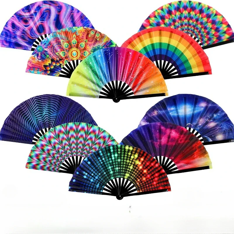 

Large Rave Hand Fan Folding Fan with Bamboo Ribs and Rainbow Handled Fans for Dance Music Festival Party Performance and Gifts