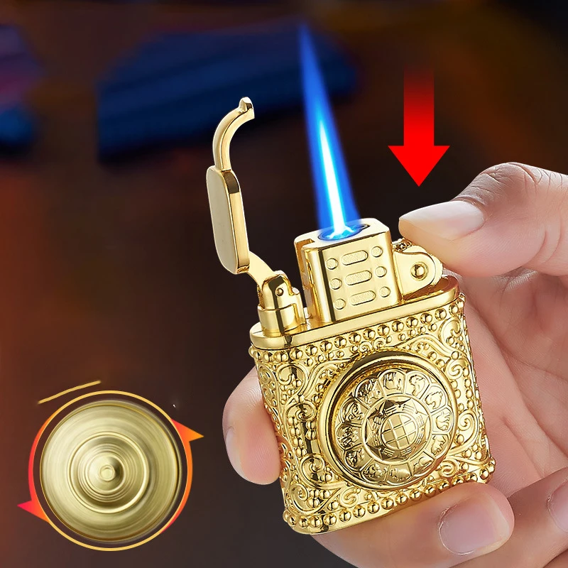 360° Embossed Tangcao Turntable Lighter Metal Windproof Red Flame Straight Gas Torch Cigar Unusual Lighter Men\'S Gift 2024New