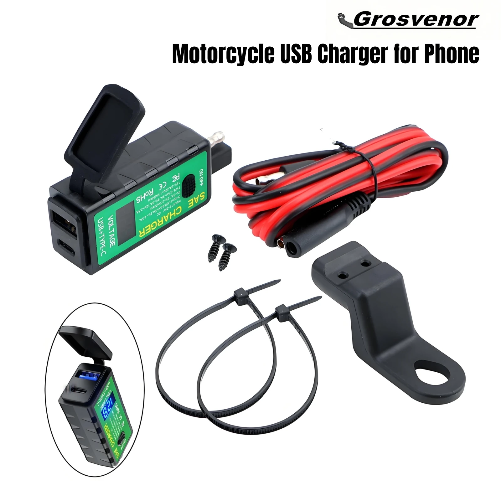 

Motorcycle USB Charger for Phone 12V SAE to Dual USB Fast Charging Adapter with Voltmeter On/Off Switch 3.1A / 4.8A Type-C