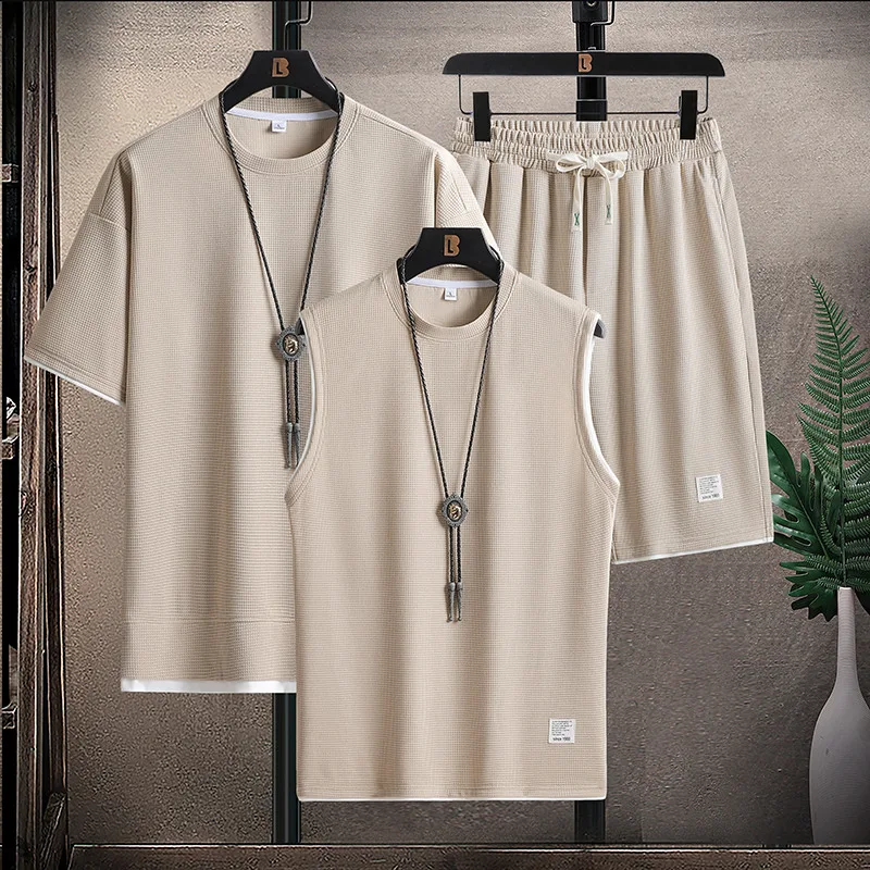

Waffle Pattern 3 Piece Men Shorts Set Summer Tracksuit Men Fashion Clothing Harajuku Style Japan Fashion Loose Fit Sweatsuit