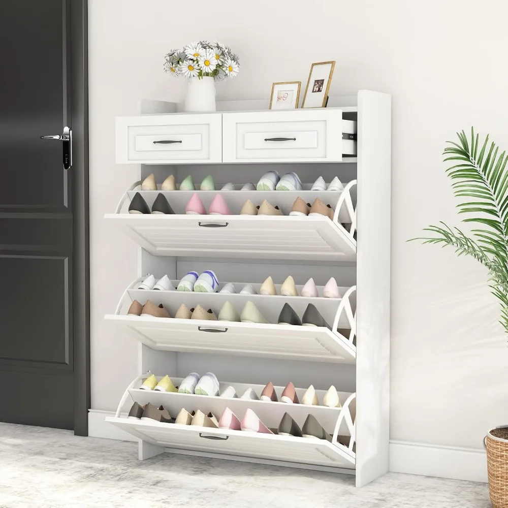 

Shoe Storage Cabinet with 3 Flip & 2 Drawers - Holds 18-25 Pairs, White Wood PVC Door Design for Entryway & Hallway