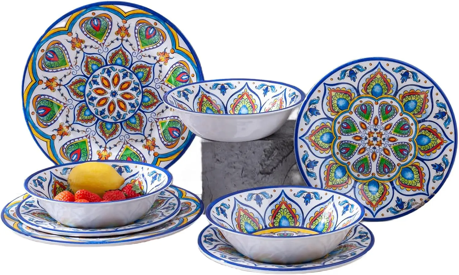 

Melamine Dinnerware Set, 12-Piece Unbreakable Plates & Bowls, Dishwasher Safe, BPA-Free, for Indoor Outdoor Use, Serves 4