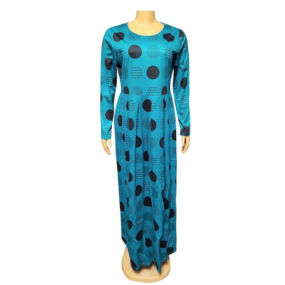 

Turquoise Women Fashion African Maxi Dresses O-neck Long Sleeve Polka Dots Printed Party Long Robe Autumn Abaya Stylish