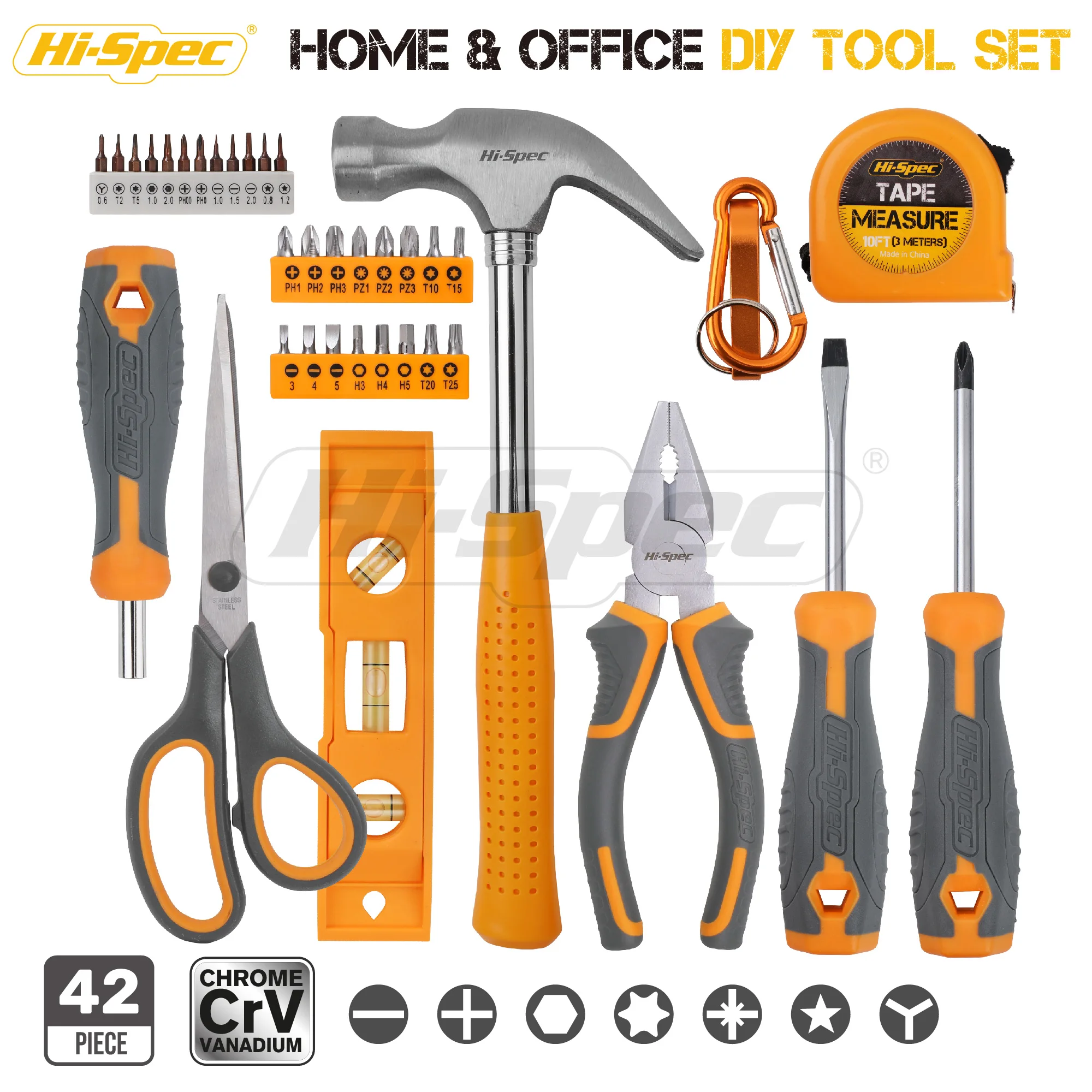 Hi-Spec 38PC Home & Office Tool Set 3mm Tape Measure Claw Hammer Spirit Level Pliers Scissors S2 Driver Bit Set For Repair/DIY