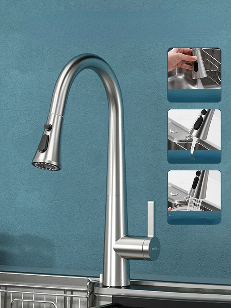 Pull-out Kitchen Sink Faucet, Water Sprayer Head, Hot and Cold Taps, Rotary, Stainless Steel, Telescoping, Splash-proof