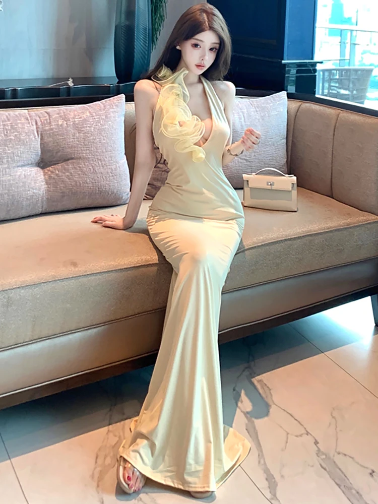 Women Solid Elegant Floral Neck-mounted Sexy Long Dress Summer Fashion Chic Casual Ruffled Dress 2025 Korean Bodycon Party Dress