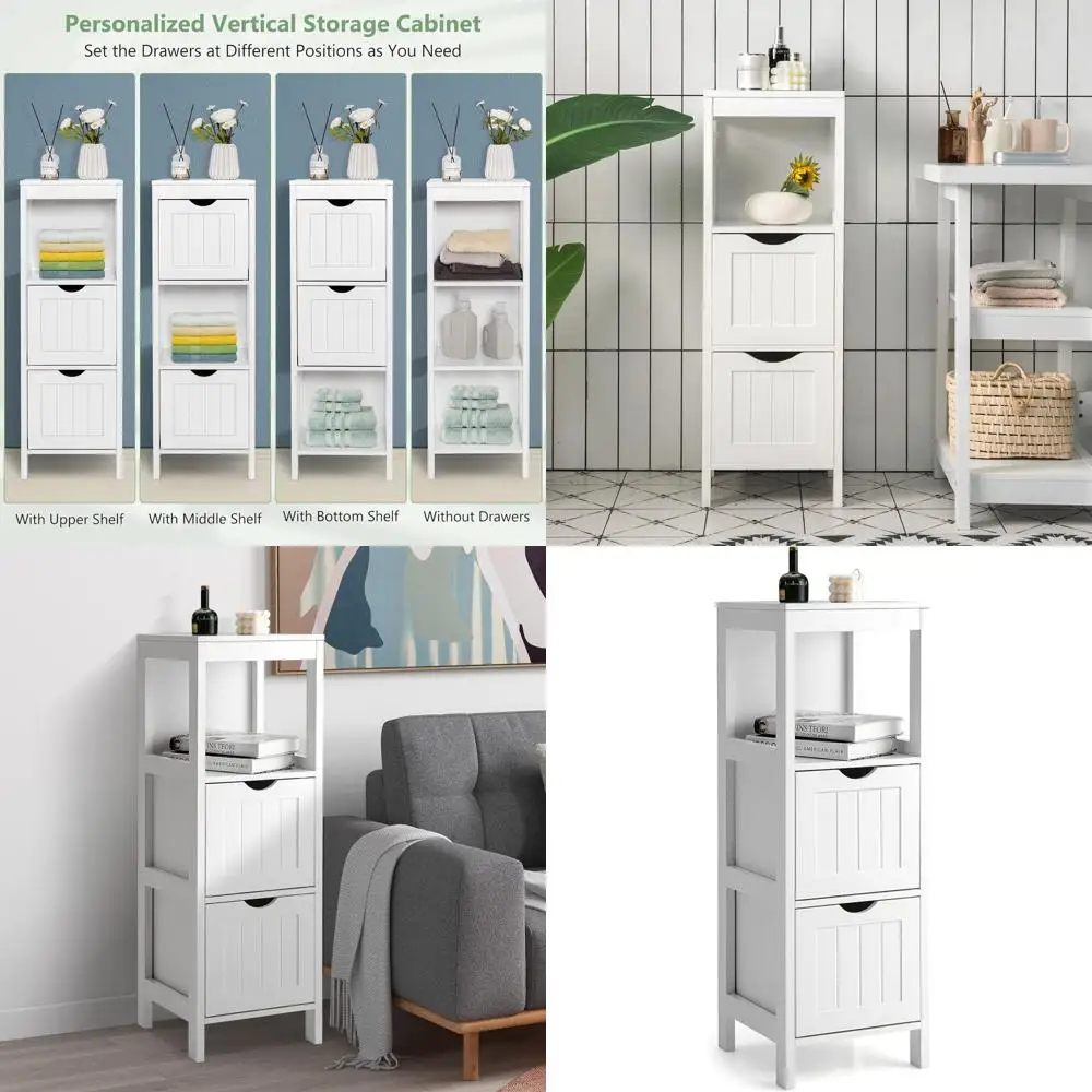 

Белый деревянный угловой шкаф-тумба с 2 ящиками для хранения в небольшой ванной комнате