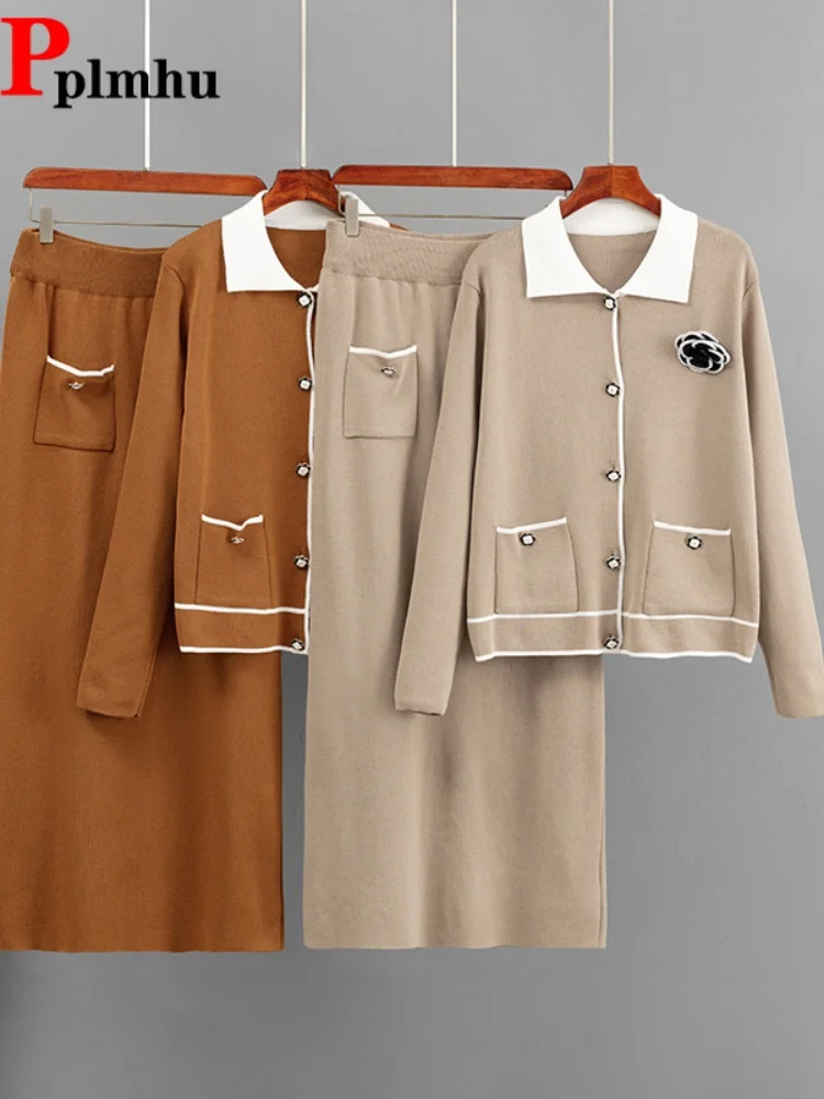 Conjunto de Suéter de Moda com Gola Polo em 2 Peças para Mulheres, Conjunto Casual de Tricô com Saia Reta Dividida