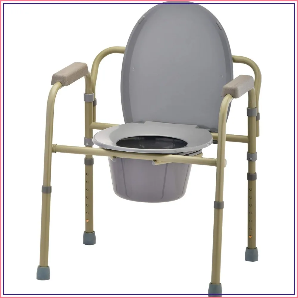 Folding Commode, Over Toilet and Bedside, Splash Guard/Bucket/Lid Included, Gray