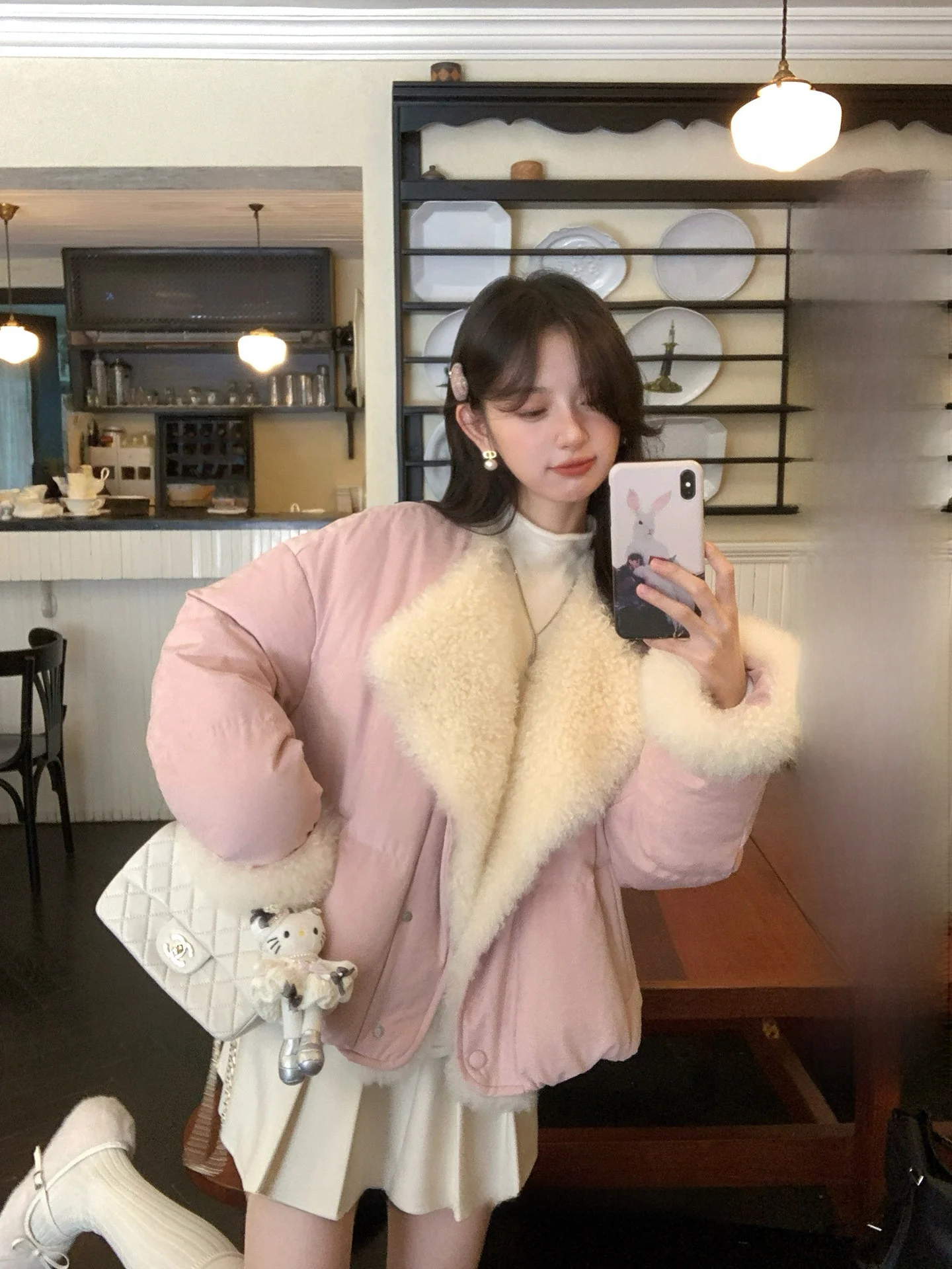 

Женское шерстяное пальто из овечьей шерсти с 90% белым гусиным пухом, зимняя куртка с длинными рукавами, теплая, с отложным воротником, приталенный крой