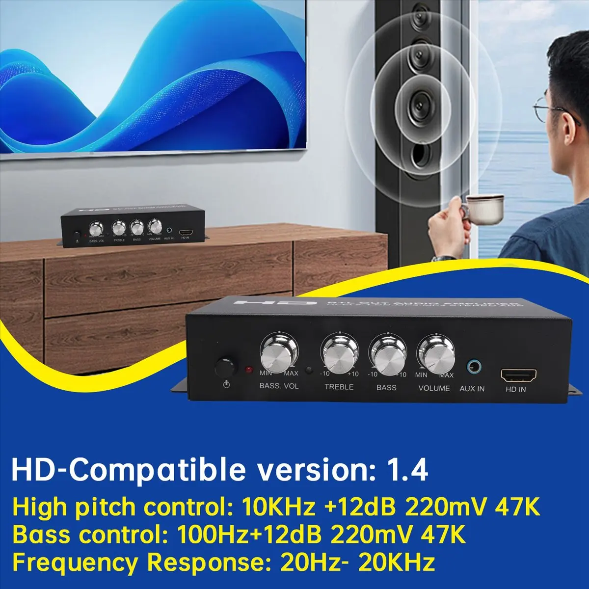 Stable- HI-FI 2.1CH Audio Amplifier 160W+80W for Bluetooth/HDMI-Compatible / RCA /AUX Bass/Treble Control for Home/Car EU PLUG