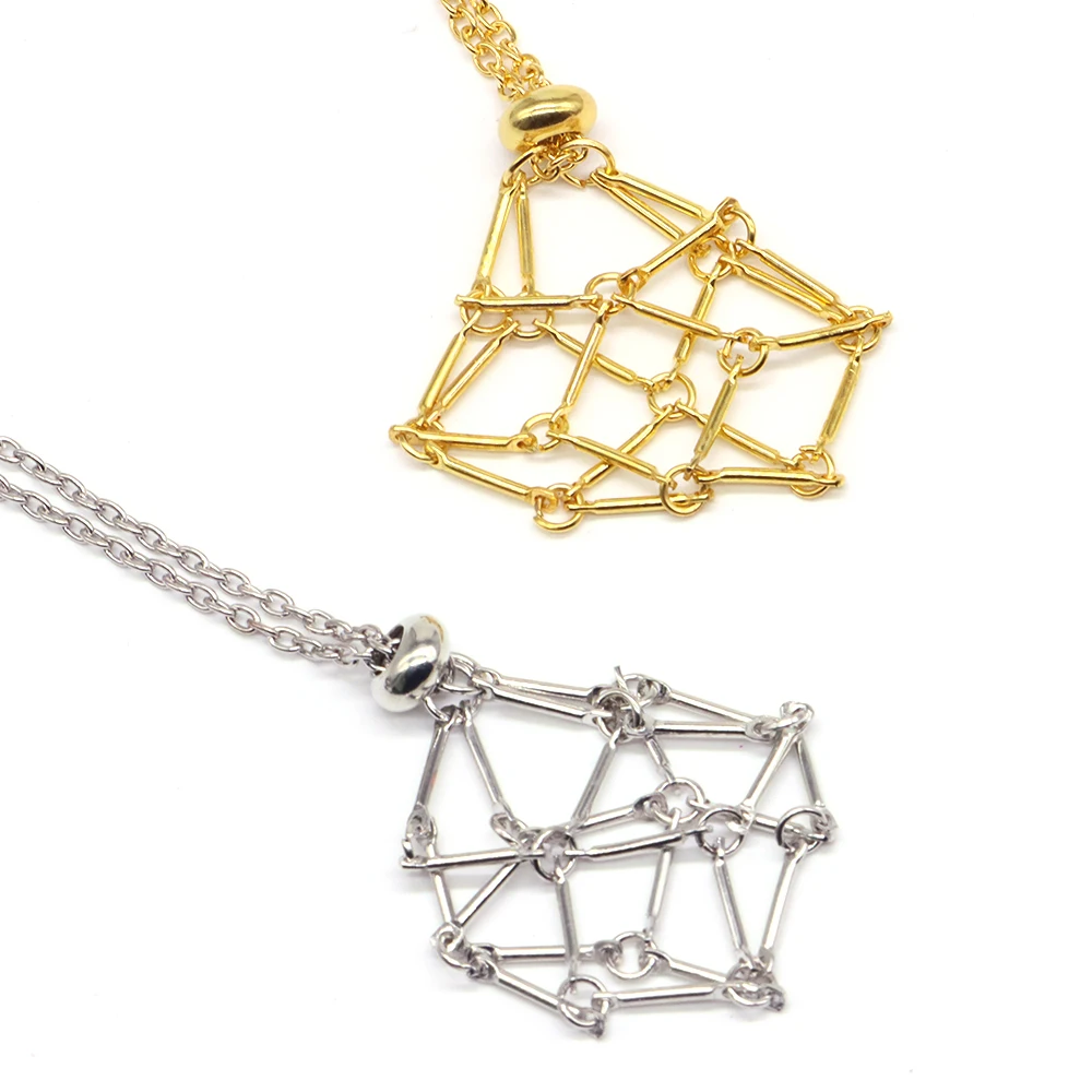 Crystal Stone Holder Cage Metal Necklace Silver Gold Black Color Gemstone Collecting Adjustable Pendant Chain Necklaces Jewelry