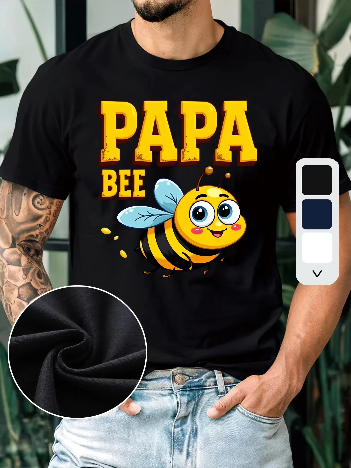 Fathers Day Papa Bee Graphic Mens T Shirt Lovely Cartoon Bee Design Casual Daily Wear Short Sleeve Crew Neck Tee