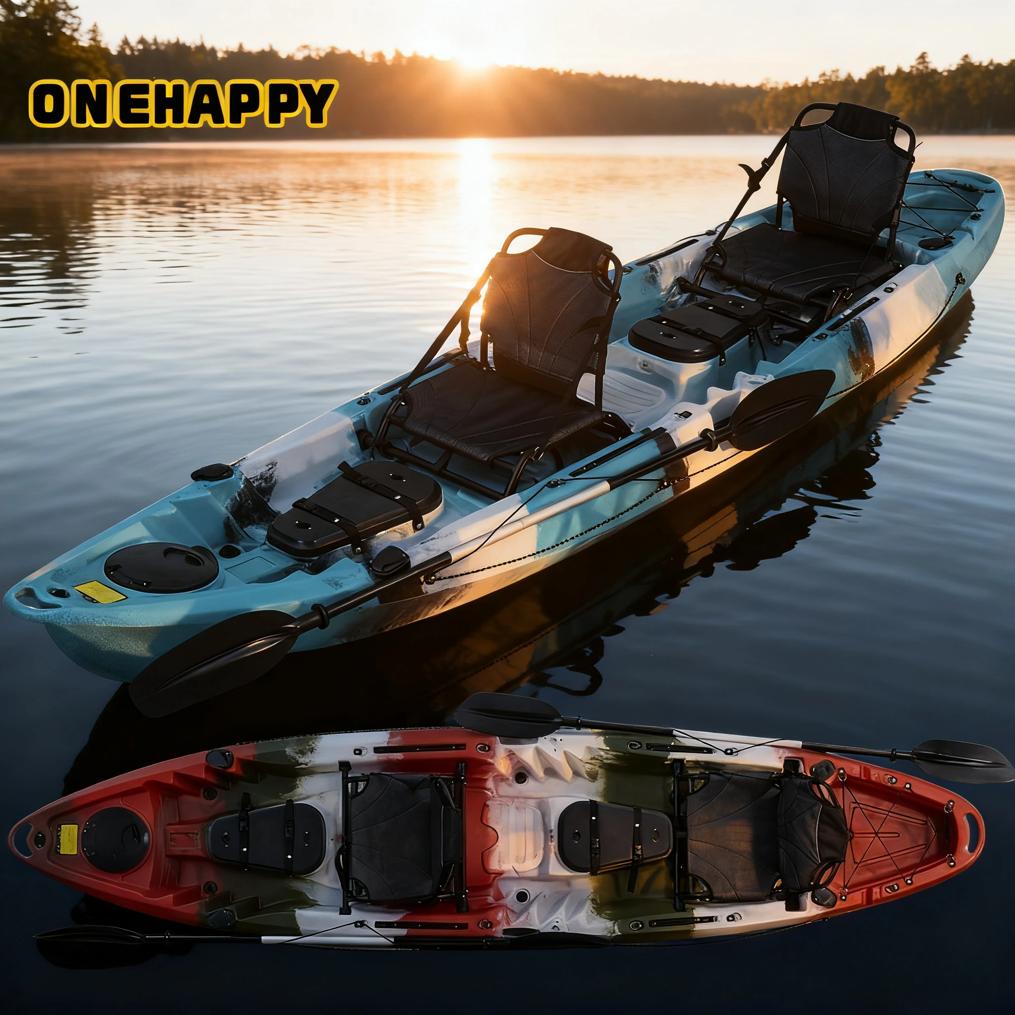 قارب كاياك بلاستيكي مصبوب بمقعدين، زورق صيد مع مقعد خلفي للكرسي وحامل قضيب لتخفيف نهر البحيرة