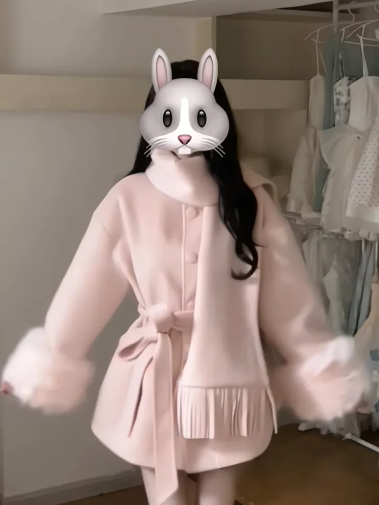 

Корейское шерстяное пальто с бантом на воротнике и поясом, утепленное, женское, осенне-зимнее, свободного кроя, теплое, Princ Sle