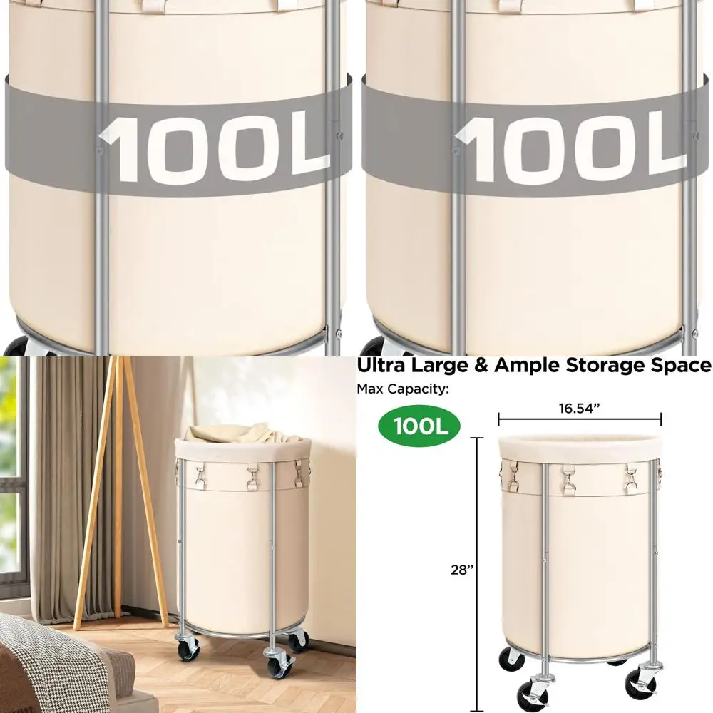 

100L Rolling Laundry Basket Sorter with Wheels, Removable Bag, Steel Frame Organizer for Home Use