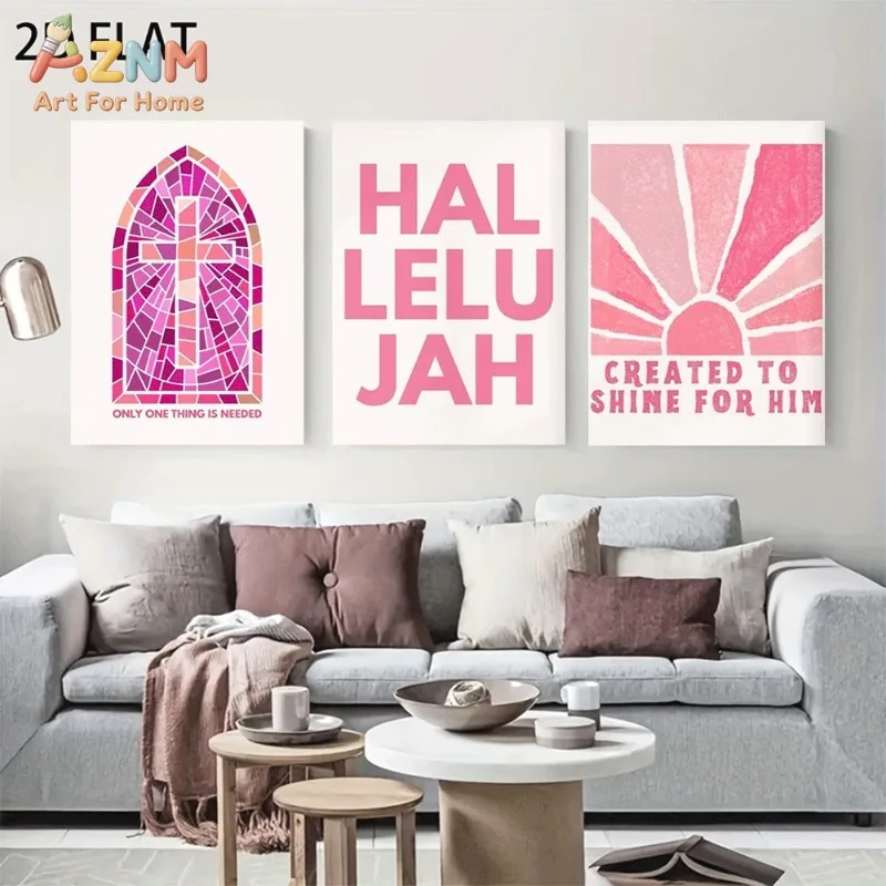 Unframed 3PCS Pink Christian Canvas Wall Art Stained Glass Cross Hallelujah Sunburst Print Poster Home Living Room Bedroom Decor