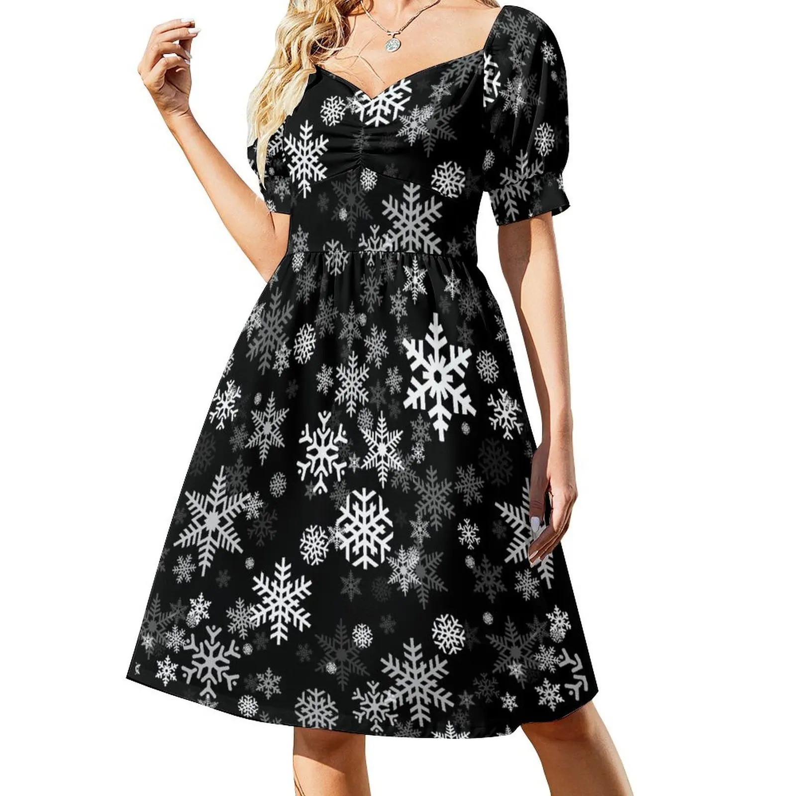 Snowflakes Pattern in Black Short Sleeved Dress Long dress woman Dance dresses Dress for pregnant women Women long