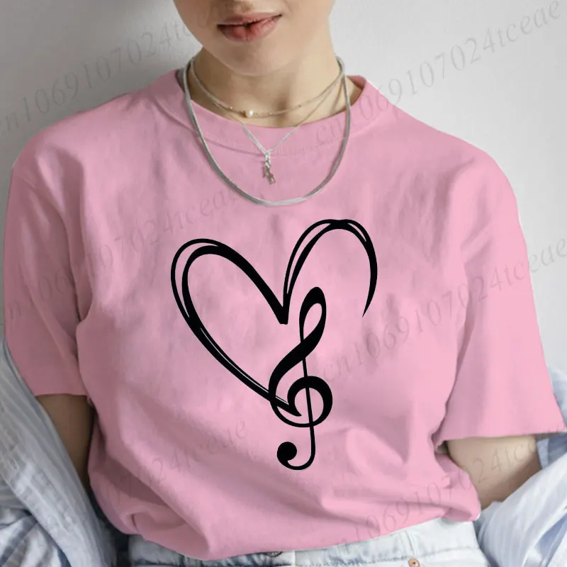 Fashion Casual Women Tshirt Musical Note Print T Shirt Pink Tops  Ladies Girls Tee Shirt Top Music Heart Graphic Summer T-shirts