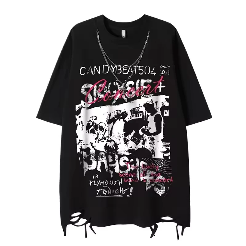 

Oversized Graffiti T Shirt Men Y2K Concert Tee With Ripped Hem Harajuku Style Vintage Band Print White Streetwear Top Hop