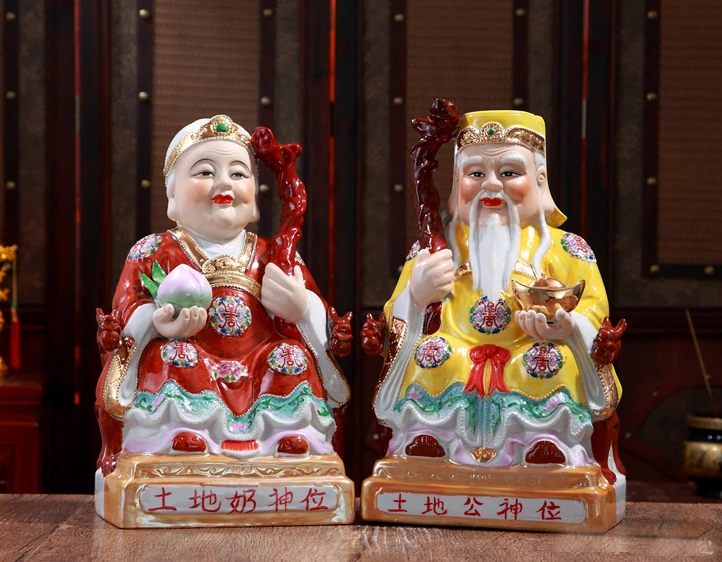 A pair 2pcs Southeast Asia HOME altar shop safe Bring wealth money good luck God of wealth CAI SHEN TU DI GONG PO BUDDHA statue