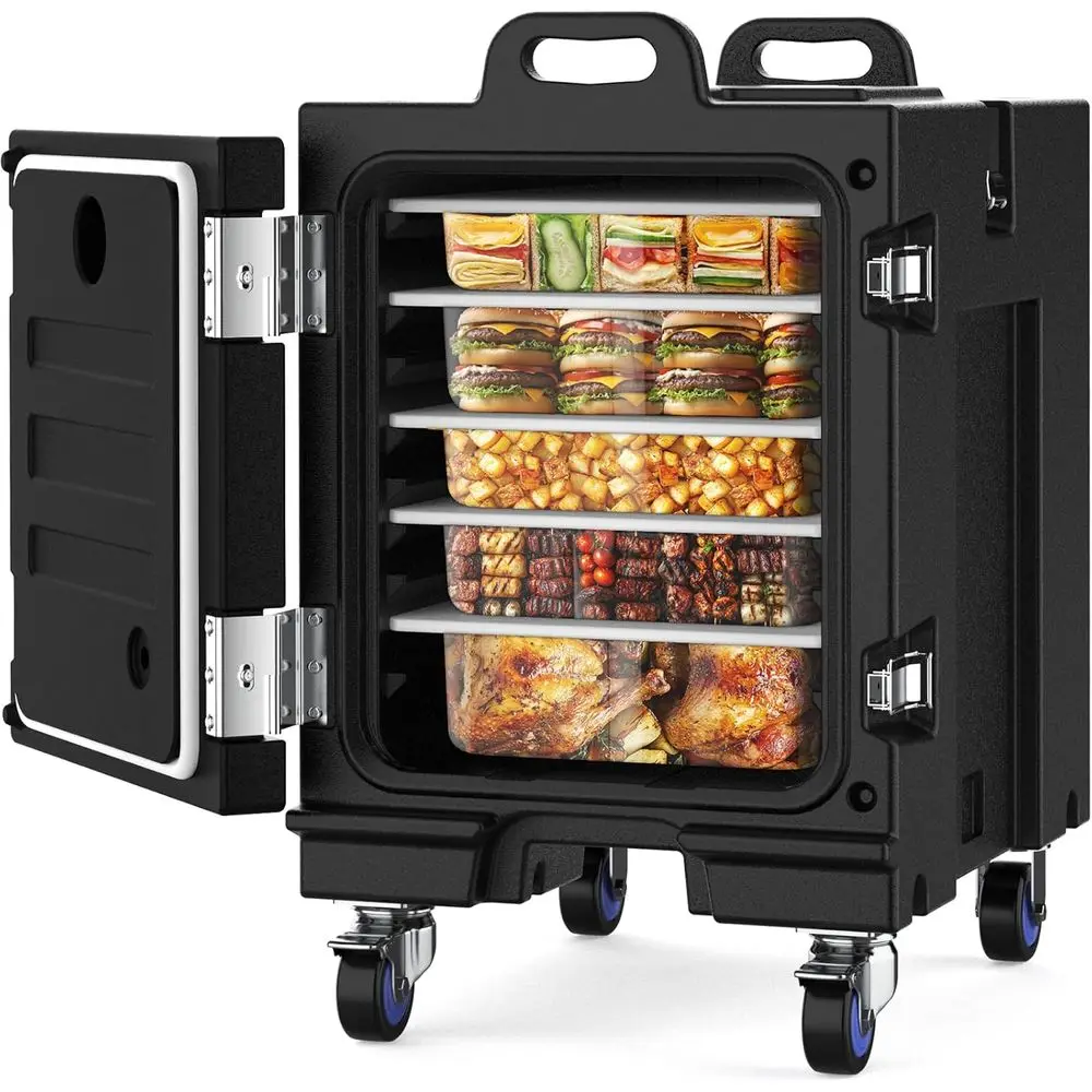 

ood Warmer, 81 Qt LLDPE Insulated ood Pan Carrier or Hot/Cold ood, w/Double Buckles, Lockable Wheels, Handles, Stackable Design,