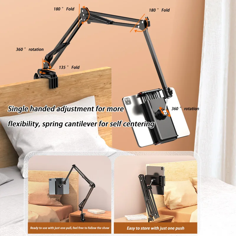 Suporte para Tablet e Telefone Móvel para Cama com Braço de Metal, Suporte Rotativo 360 ° para iPad, Suporte para Telefone, 4.5-11"