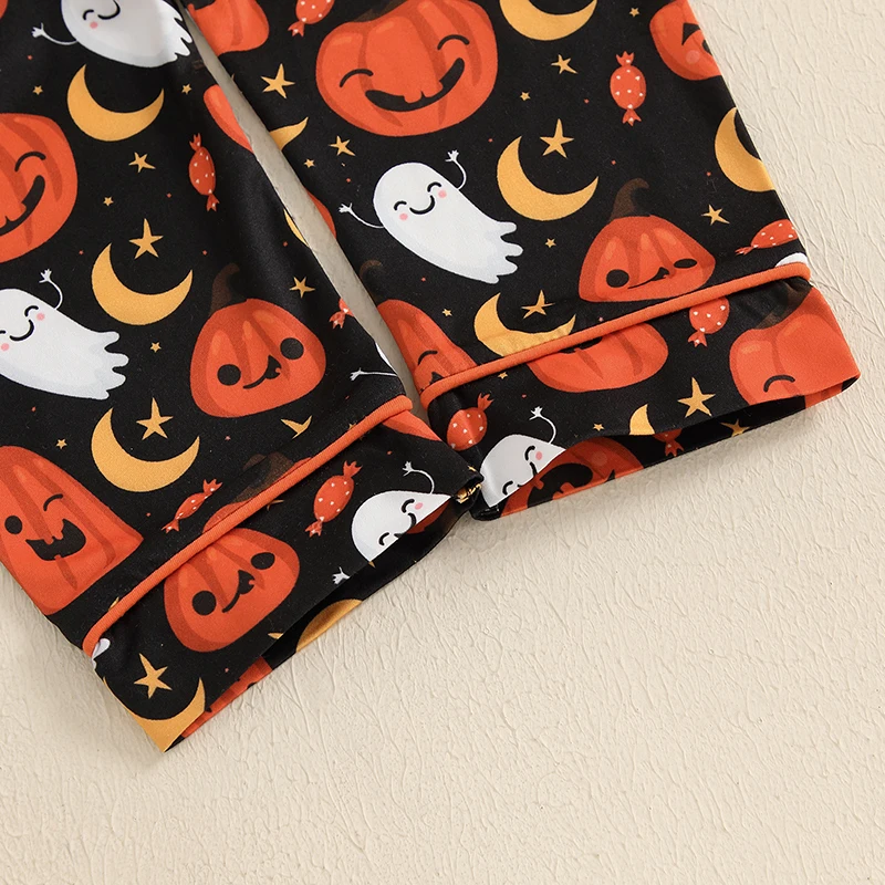 Suefunskry Kids Halloween Pajama Set Lapel Neck Button-up Tops Long Pants Pumpkin Ghost Print Loungewear Set Homewear image 6